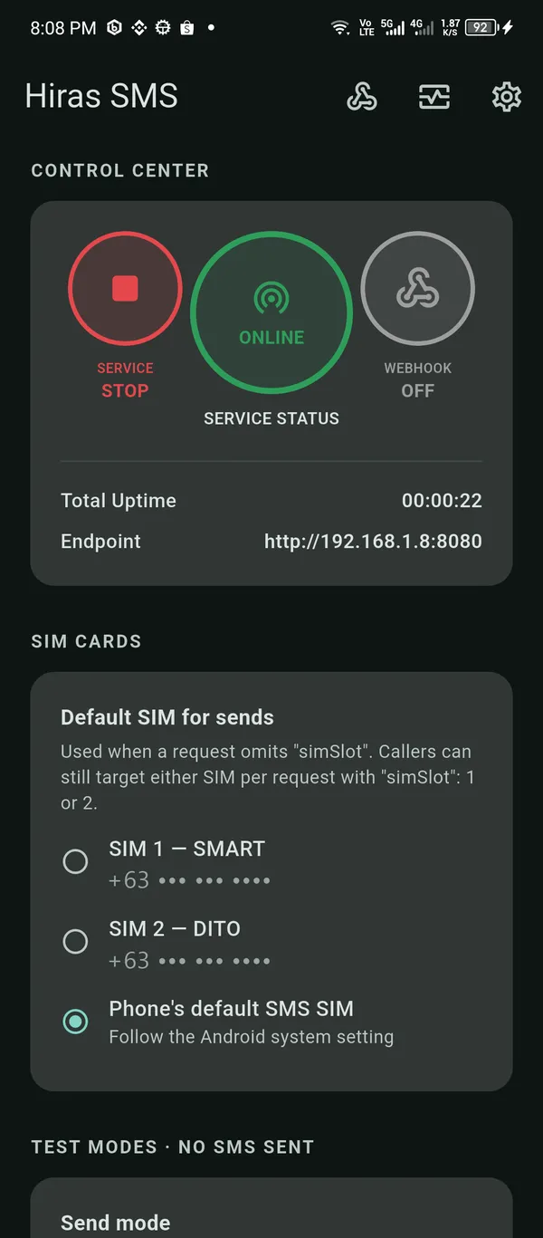 The Hiras SMS control center: the gateway online, with total uptime, the LAN endpoint URL, and SIM selection.