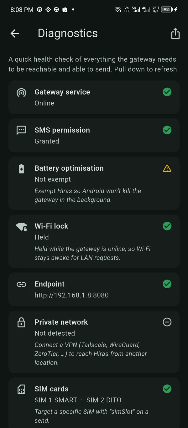 The diagnostics health check: gateway online, SMS permission granted, Wi-Fi lock held, endpoint, and SIM cards.