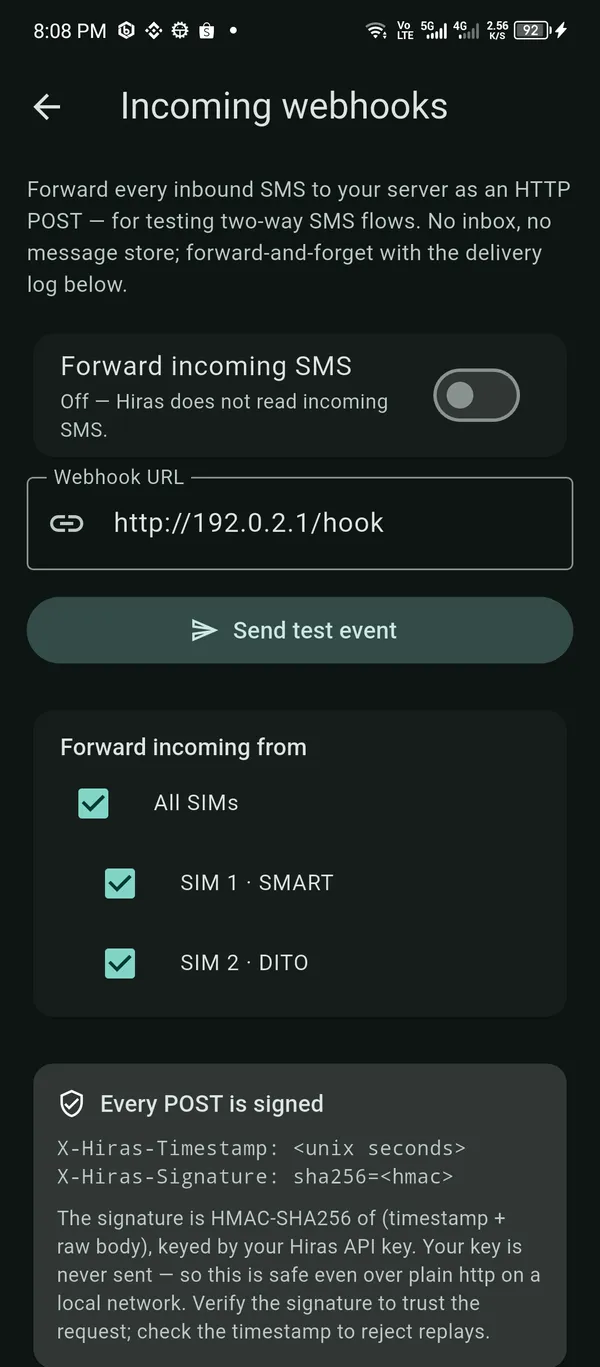 The incoming-webhooks screen: forward toggle, webhook URL, per-SIM filter, and the HMAC signature headers.
